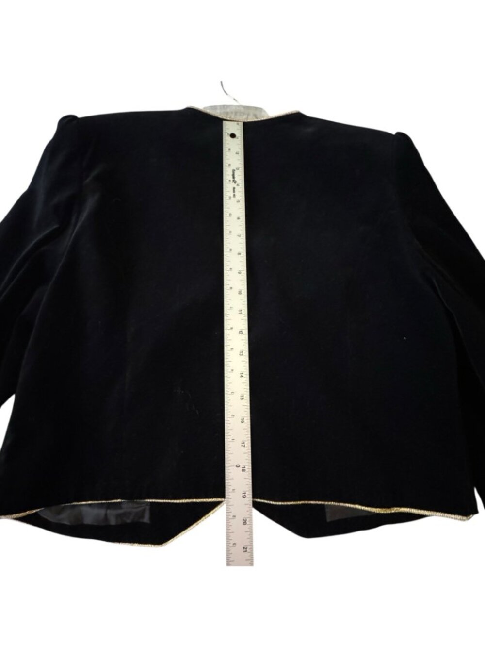 Black Velvet Bolero Jacket Women's Size 14 Gold Piping Lined Buttons Vintage 90s - Picture 11 of 15